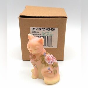 Fenton Glass Pink Burmese Cat Sitting with Flowers Limited Edition Signed Glows